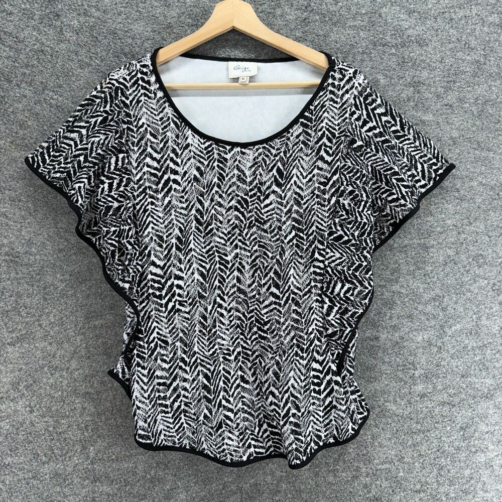 Beige Blouse Women XL Black Geometric Short Sleeve Round Neck Pullover Casual